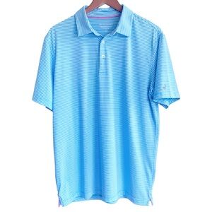MICHEL ROUEN Performance Striped Polo Shirt | Aqua &‎ White | Size Large